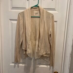 Angel of the North Beige Knit Cardigan Sheer Ruffle‎ Trim Open Front Women's L